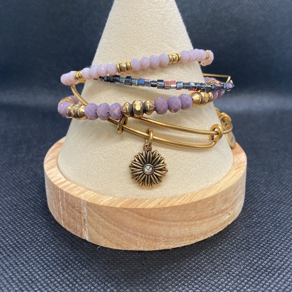 💜ALEX AND ANI💜Daisy & 3 Beaded Charm Bangle Bracelets in Rafaelian Gold/Like New - Picture 5 of 5